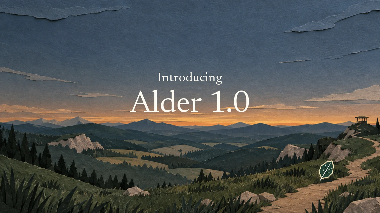 Layered paper mountain landscape at dusk with the title Introducing Alder 1.0