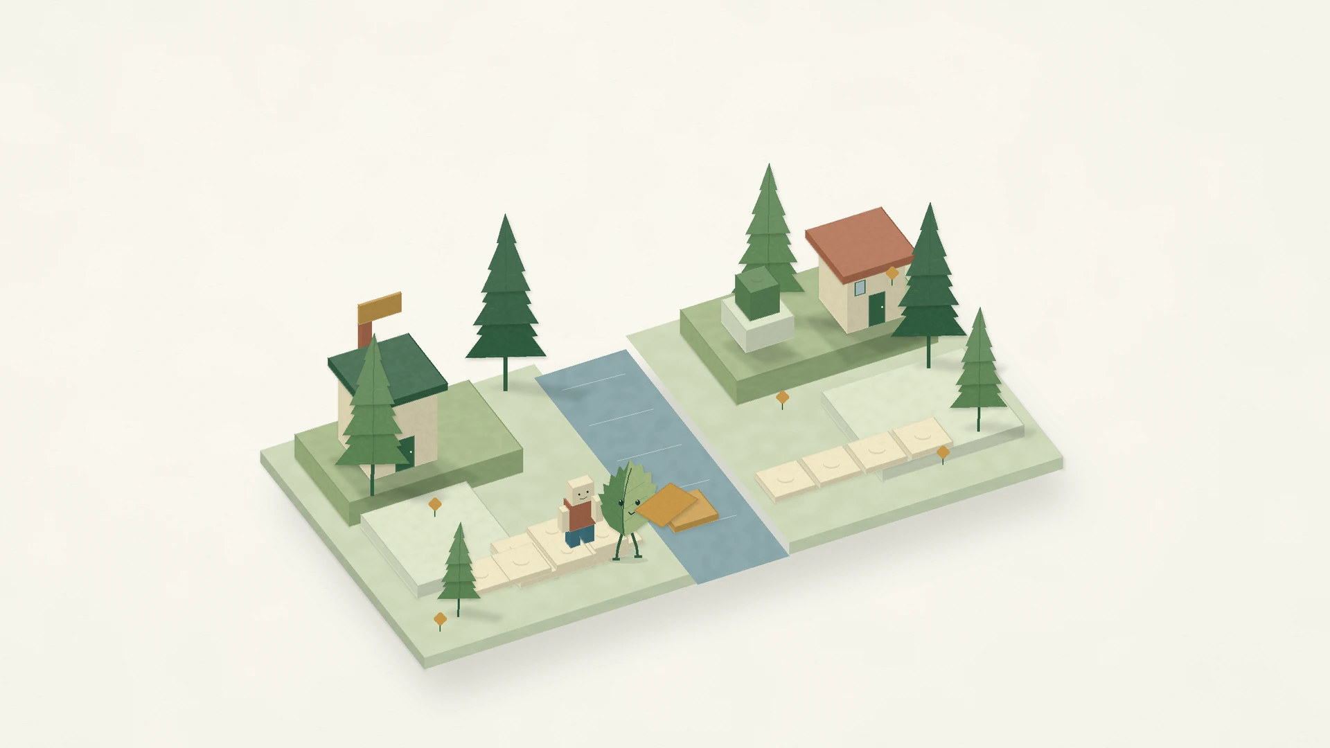 Code-rendered miniature Roblox-inspired place with a maker and Alder's leaf companion beside a bridge